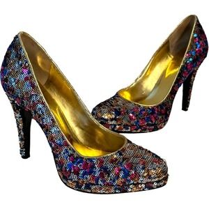 Nine West Rocha Multicolored Sequin Platform Heels Formal Glam Size 7